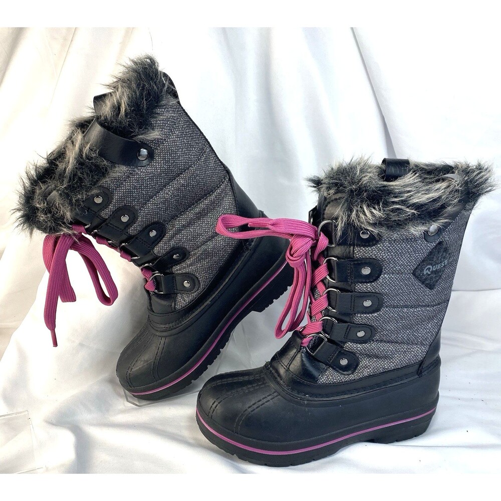 Quest “GIRL’S POWDER” Lace Up Boots/Faux Fur, Thinsulate, Gray Sz 1 (7 3/4")